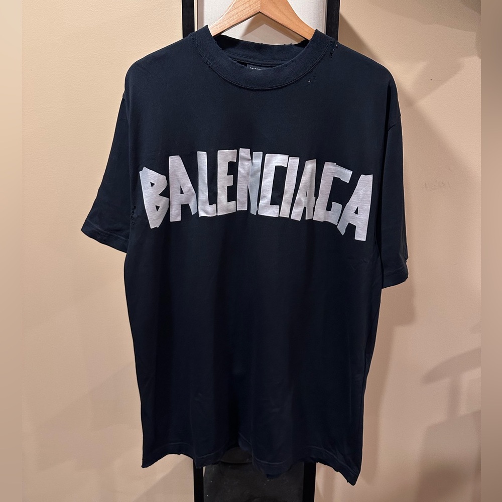 Balenciaga Distressed Type Silver Duct Tape Logo Black Tee
